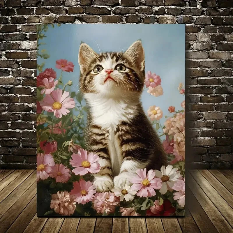 American Shorthair Kitten with Flowers Painting 40x60cm Metal Print Ready to Hang