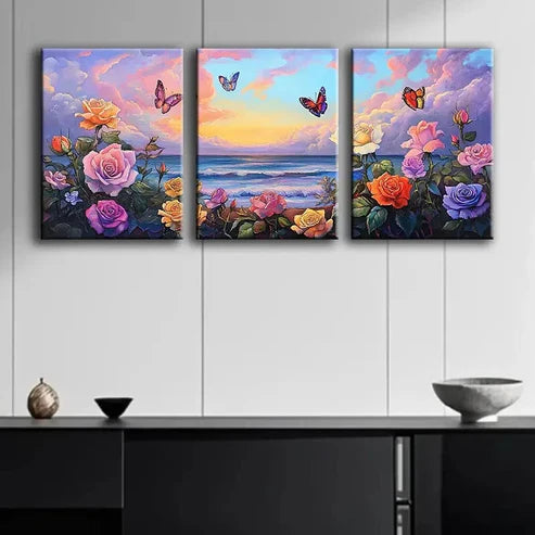 3pcs Roses and Butterflies on the Beach Perfect Wall Art Set Canvas Unframed - High Quality Print 100% Australian Made Wall Canvas
