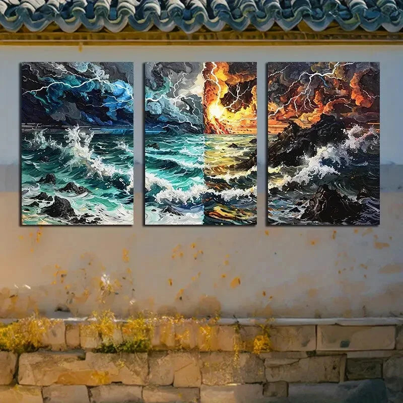 3pcs Ocean Waves Destruction and Rebirth Theme Metal Print Ready to Hang Art - Bella Home Decor