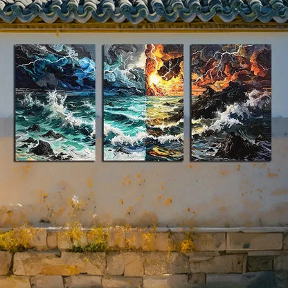 3pcs Ocean Waves Destruction and Rebirth Theme Metal Print Ready to Hang Art - Bella Home Decor