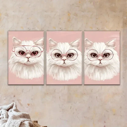 3pcs Adorable White Cats with Pink Glasses Wall Art Set Canvas Framed 40x60cm - High Quality Print 100% Australian Made Wall Canvas Ready to Hang - Bella Home Decor