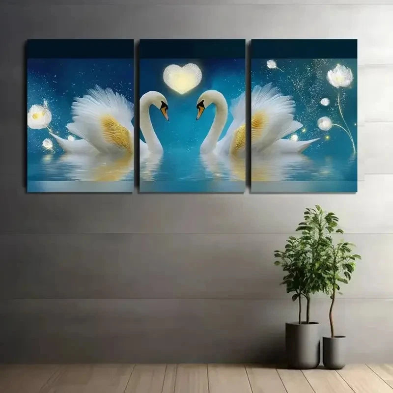 3pcs Dreamy Romantic Swans with Golden Wings Metal Print Ready to Hang Art - Bella Home Decor