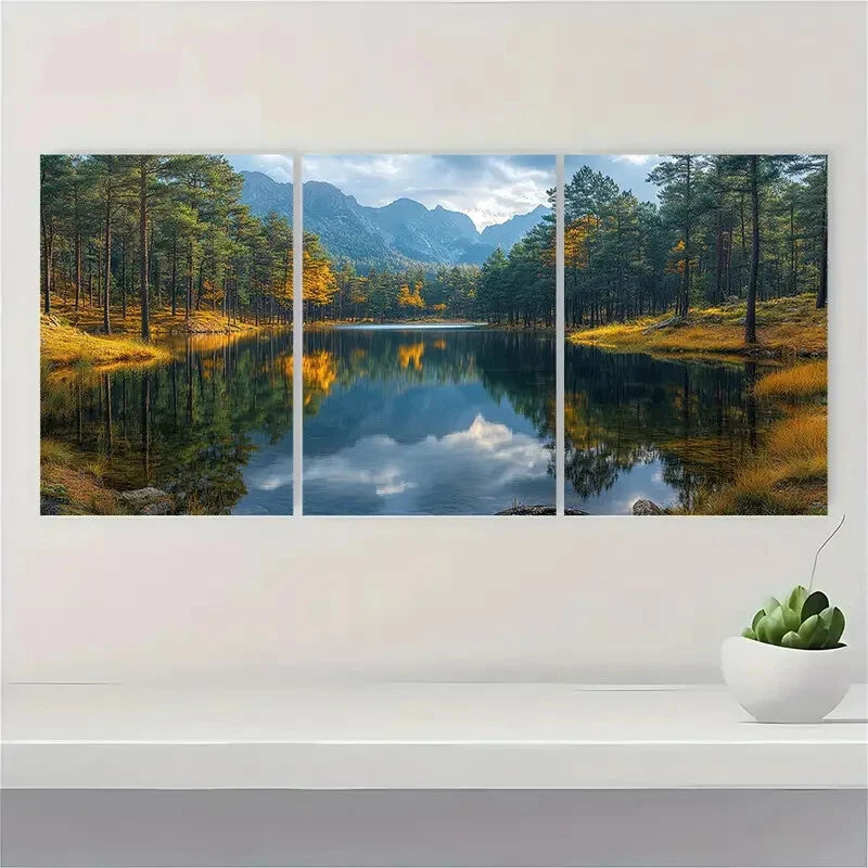 3pcs EArth Tones Lake Reflection Artwork Metal Print Ready to Hang Art - Bella Home Decor