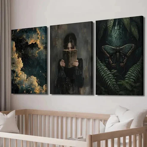 3pcs Dark Female Reading Moth & Botanical Decor Wall Art Set Canvas Unframed - High Quality Print 100% Australian Made Wall Canvas - Bella Home Decor