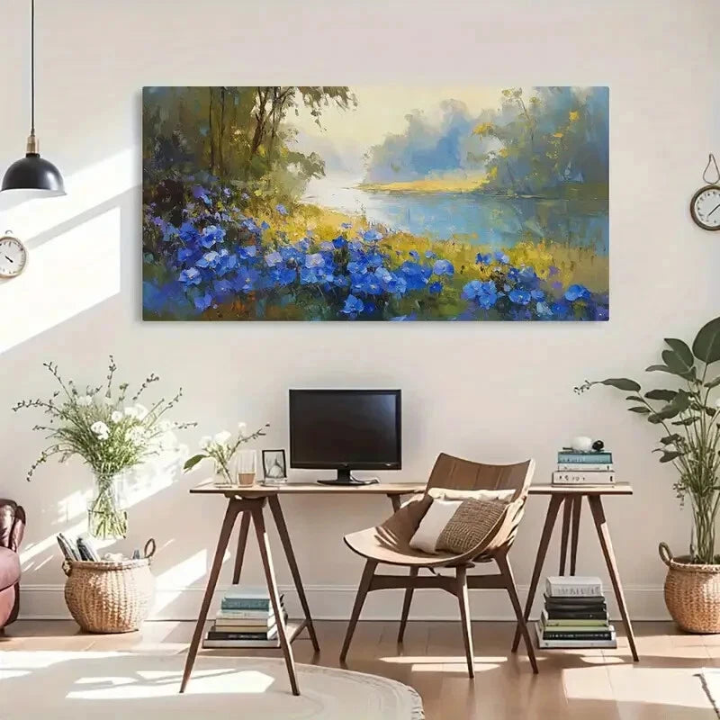 Vibrant Blue Flowers & Serenec Wall Art Canvas Office Home Room Framed 120x60cm - Bella Home Decor