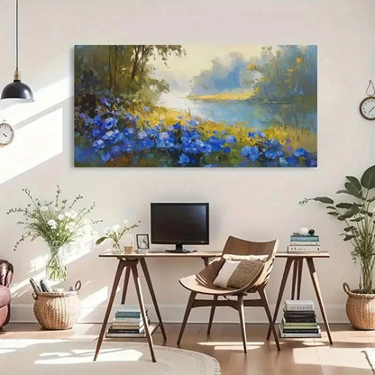 Vibrant Blue Flowers & Serenec Wall Art Canvas Office Home Room Framed 120x60cm - Bella Home Decor