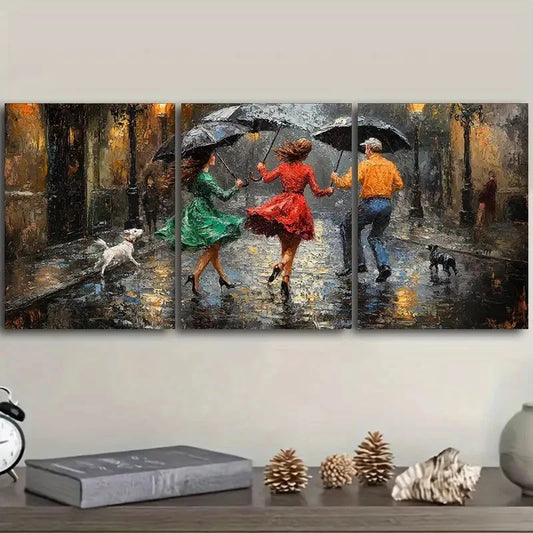 3pcs Dancing in the Rain Scene Wall Art Set Canvas Framed 60x90cm - High Quality Print 100% Australian Made Wall Canvas Ready to Hang