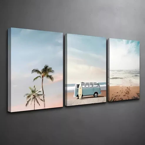 3pcs Bohemian Chic Summer Sea, Van and Beach Wall Art Set Wall Art Canvas Unframed - High Quality Print 100% Australian Made Wall Canvas - Bella Home Decor