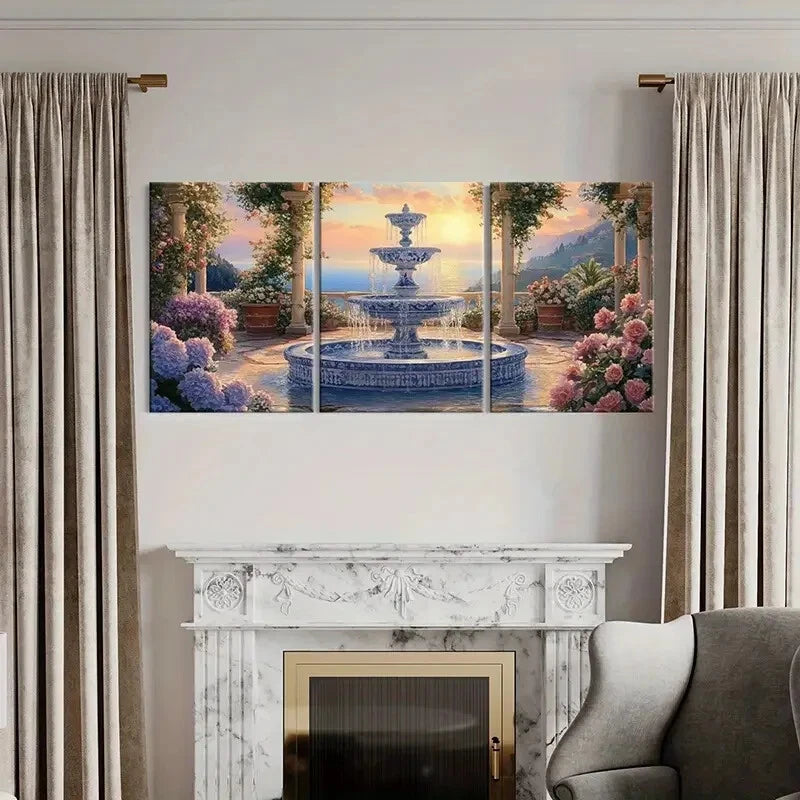 3pcs Sunset Fountain Garden Flowers Fancy Metal Print Ready to Hang Art - Bella Home Decor