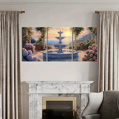 3pcs Sunset Fountain Garden Flowers Fancy Metal Print Ready to Hang Art - Bella Home Decor