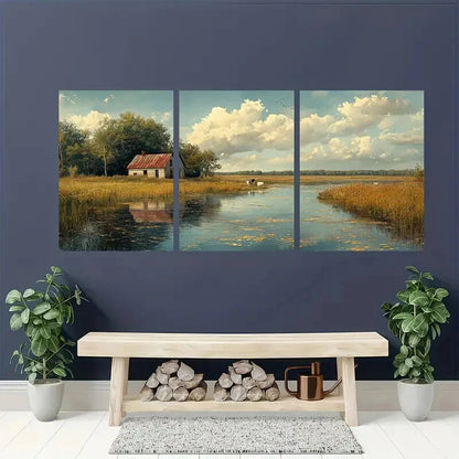 3pcs Rustic Cows at a Pond Pastoral Landscape Metal Print Ready to Hang Art - Bella Home Decor