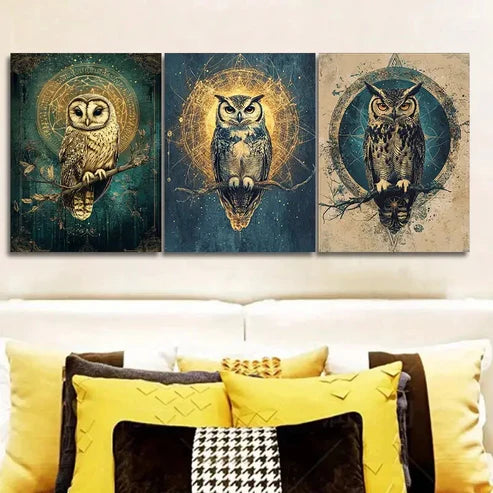 3pcs Classic Modern Owl Wall Art Set Canvas Unframed - High Quality Print 100% Australian Made Wall Canvas - Bella Home Decor