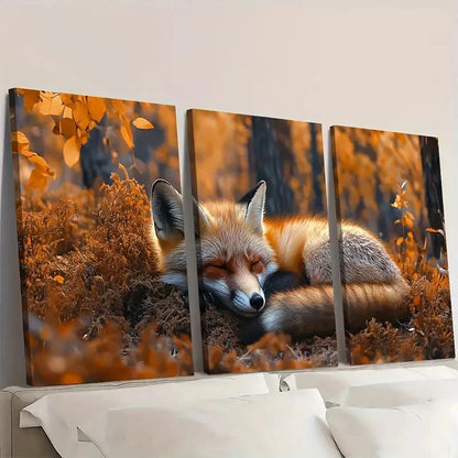 3pcs Sleeping Fox in Forest Scene A Wall Art Set Canvas Framed 60x90cm - High Quality Print 100% Australian Made Wall Canvas Ready to Hang