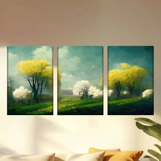 3pcs Painting of Trees in The Middle of a Field Wall Art Set Canvas Framed 50x70cm - High Quality Print 100% Australian Made Wall Canvas Ready to Hang