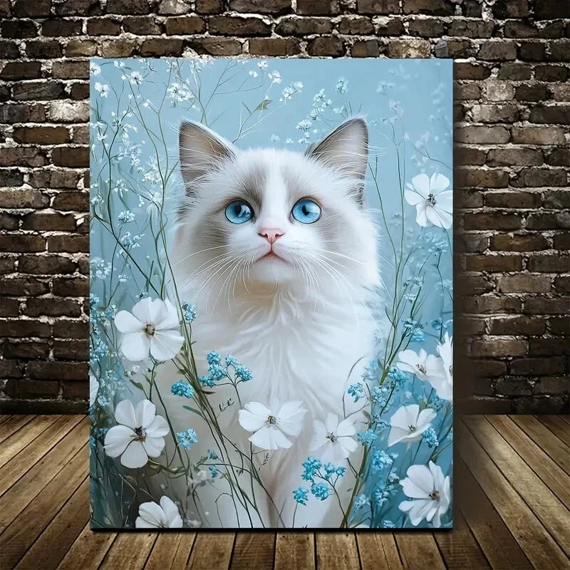 Cute Ragdoll Cat Kitten Blue Eyes & White Painting 40x60cm Metal Print Ready to Hang - Bella Home Decor