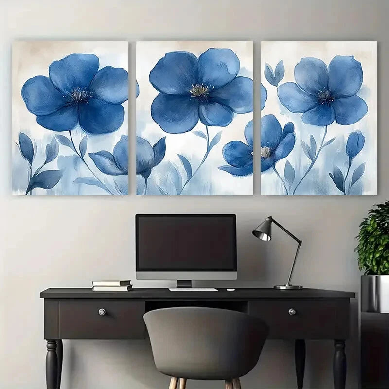 3pcs Elegant Blue Botanical Illustration Metal Print Ready to Hang Art - Bella Home Decor