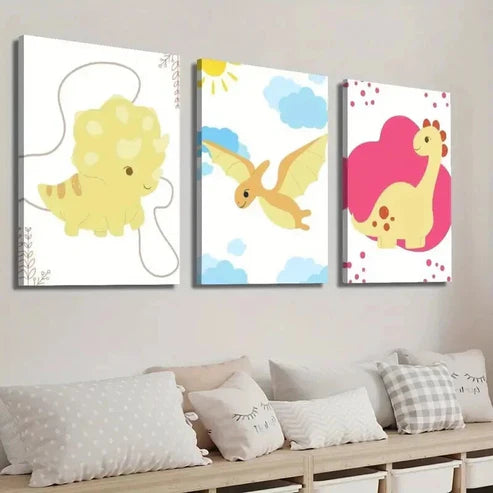 3pcs Cute Cartoon Dinosaur Art Flying Dinosaur Wall Art Set Canvas Unframed - High Quality Print 100% Australian Made Wall Canvas - Bella Home Decor
