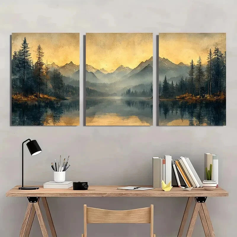 3pcs Dark moody Wooden Landscape Poster Metal Print Ready to Hang Art - Bella Home Decor
