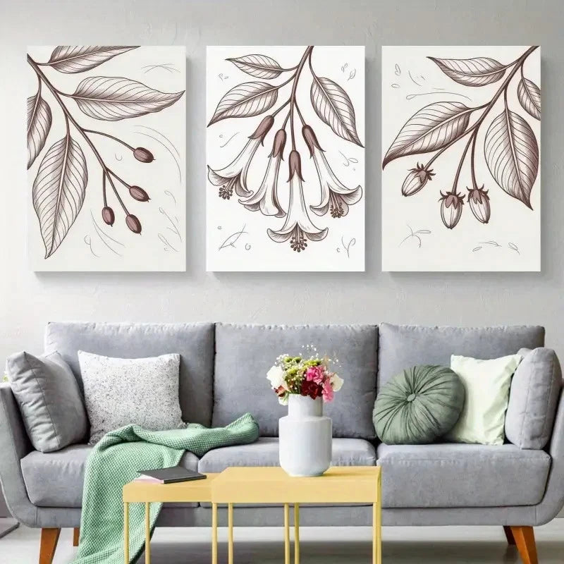 3pcs Botanical Leaves, Bell Flowers Wall Art Set Canvas Framed 40x60cm - High Quality Print 100% Australian Made Wall Canvas Ready to Hang - Bella Home Decor
