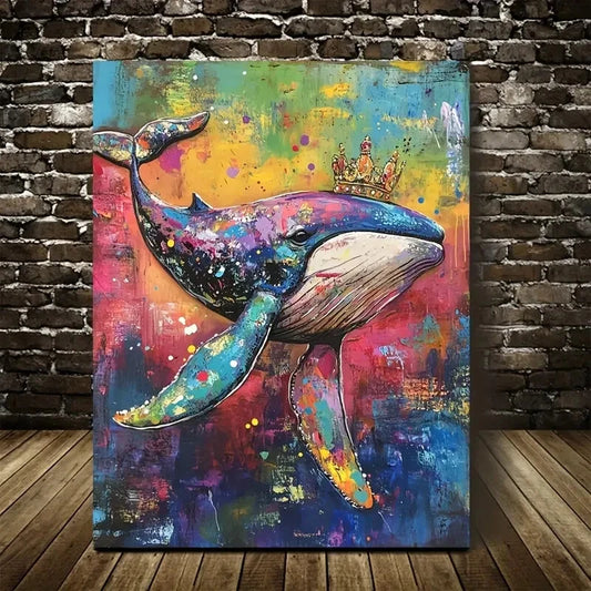 Rainbow Whale with Crown Vibrant Abstract Painting 40x60cm Metal Print Ready to Hang - Bella Home Decor