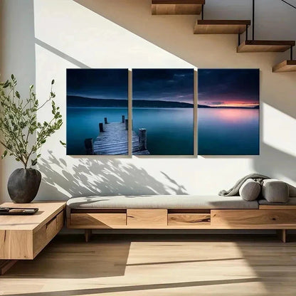 3pcs Sunset Lake & Mountain Pier View Wall Art Set Canvas Framed 60x90cm - High Quality Print 100% Australian Made Wall Canvas Ready to Hang