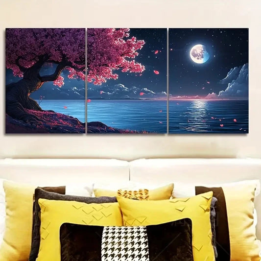 3pcs Flowering Tree & Moonlit Night Scene Wall Art Set Canvas Framed 60x90cm - High Quality Print 100% Australian Made Wall Canvas Ready to Hang