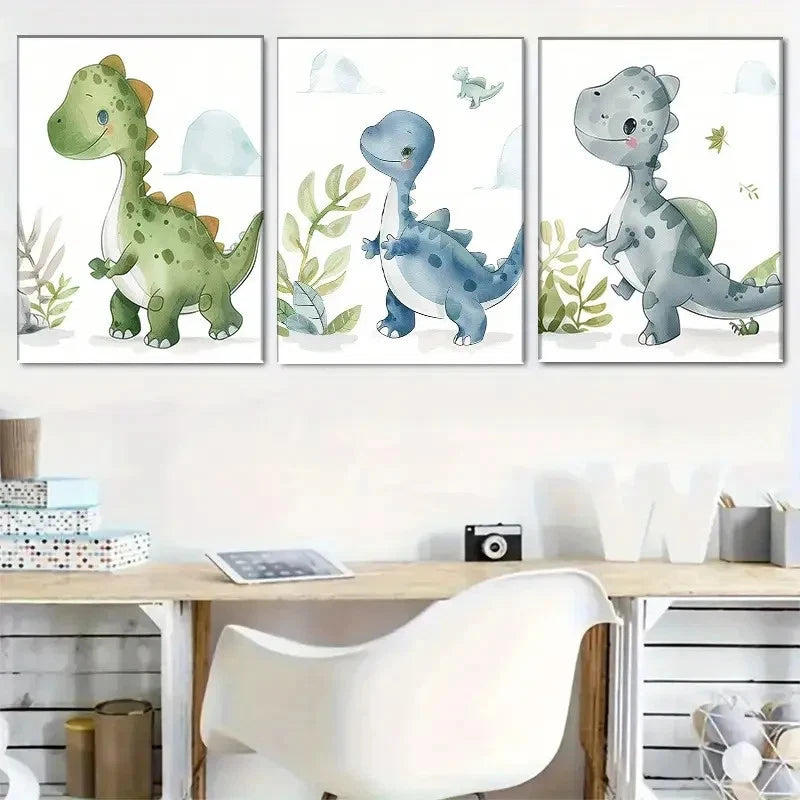 3pcs Adorable Dinosaur Painting Triptych Metal Print Ready to Hang Art - Bella Home Decor