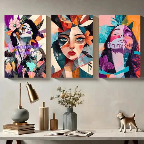 3pcs Abstract Geometric Woman Portrait Wall Art Canvas Unframed - High Quality Print 100% Australian Made Wall Canvas - Bella Home Decor