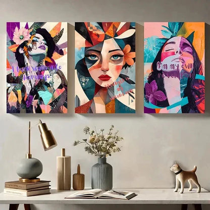 3pcs Abstract Geometric Woman Portrait Wall Art Canvas Unframed - High Quality Print 100% Australian Made Wall Canvas - Bella Home Decor