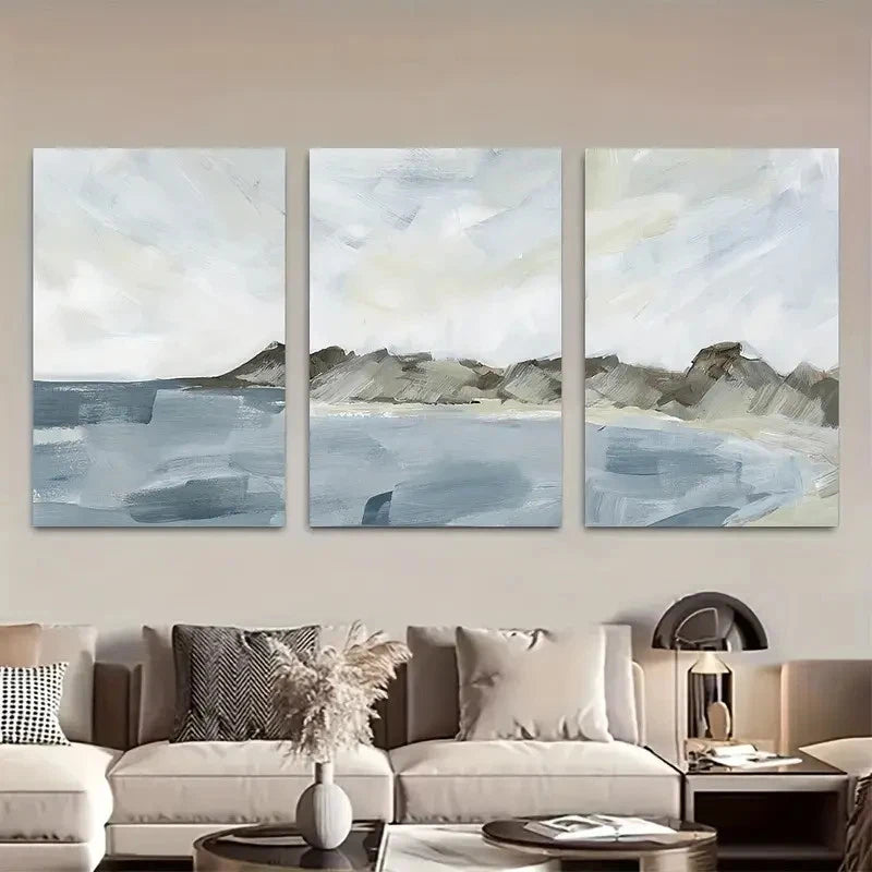 3pcs Neutral Tone Beach Scene Paintings Metal Print Ready to Hang Art