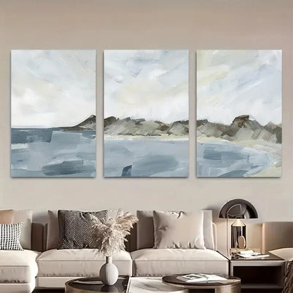 3pcs Neutral Tone Beach Scene Paintings Metal Print Ready to Hang Art