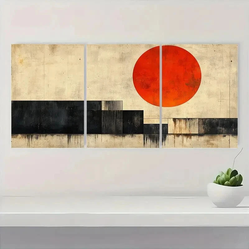 3pcs Black Orange Beige Geometric Design Metal Print Ready to Hang Art - Bella Home Decor