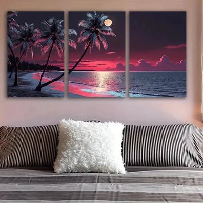3pcs Full Moon Over The Beach Scene Wall Art Set Canvas Framed 50x70cm - High Quality Print 100% Australian Made Wall Canvas Ready to Hang - Bella Home Decor