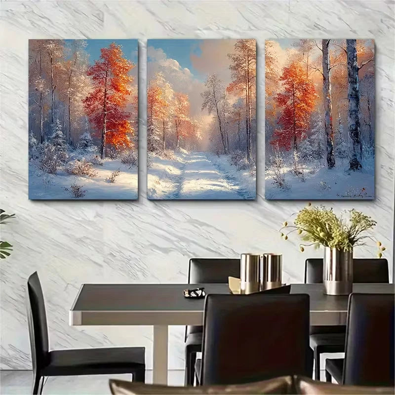 3pcs Vibrant Snowy Path & Colorful Trees, Metal Print Ready to Hang Art