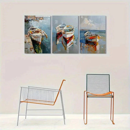 3pcs Abstract Coastal Scene Boat Metal Print Ready to Hang Art - Bella Home Decor