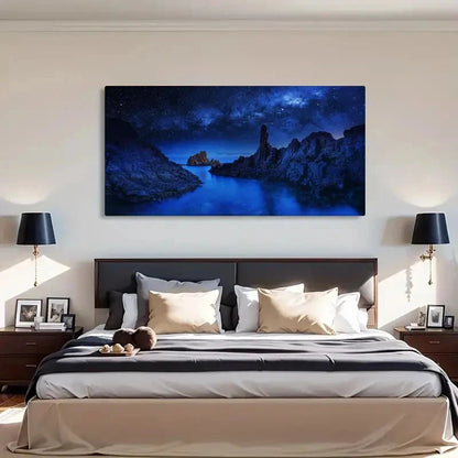 Ocean Rocks Blue Landscape Wall Art Canvas Office Home Room Framed 120x60cm