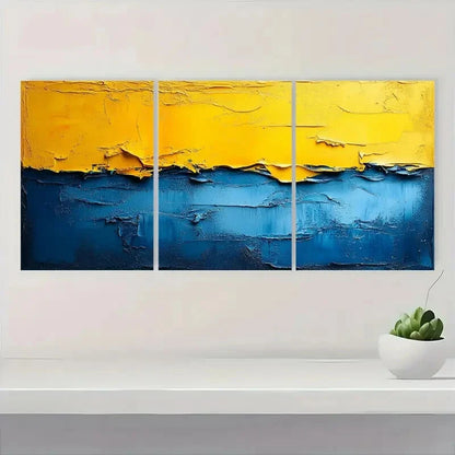 3pcs Minimalist Abstract Blue & Yellow Geometric Metal Print Ready to Hang Art - Bella Home Decor