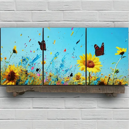 3pcs Charming Trio Sunflowers & Butterflies Metal Print Ready to Hang Art - Bella Home Decor