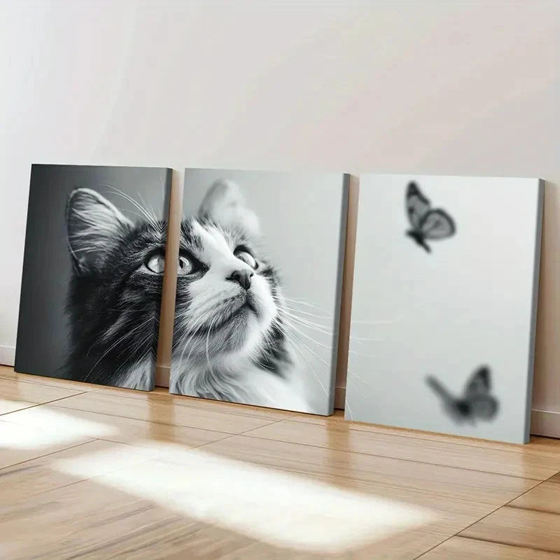 3pcs Black And White Cat Gazing At Butterflies    Wall Art Set Canvas Framed 50x70cm - High Quality Print 100% Australian Made Wall Canvas Ready to Hang - Bella Home Decor