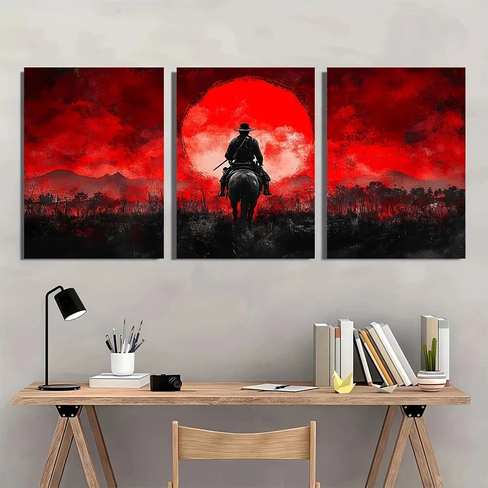 3pcs Japanese Cowboy Wild West Samurai Mashup Metal Print Ready to Hang Art - Bella Home Decor