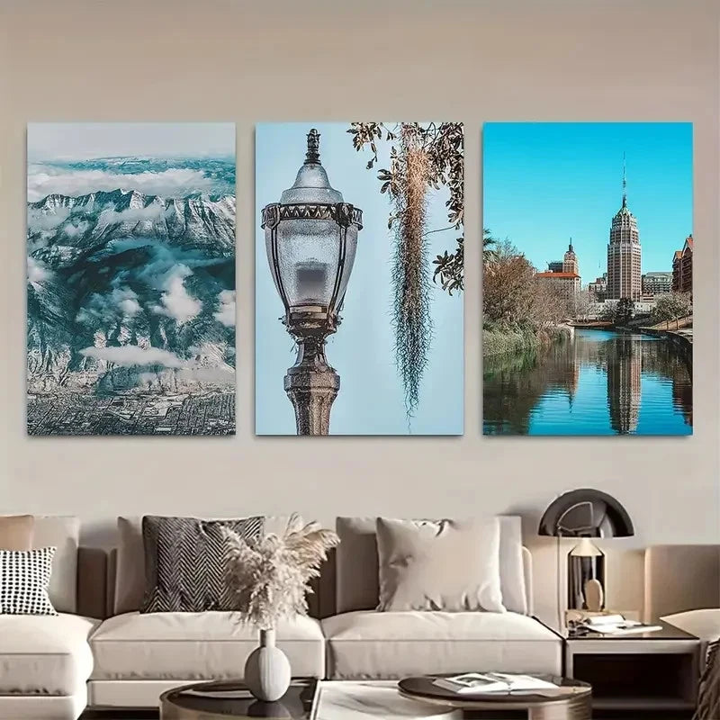 3pcs Vibrant Urban Landscape with Mountain View Metal Print Ready to Hang Art