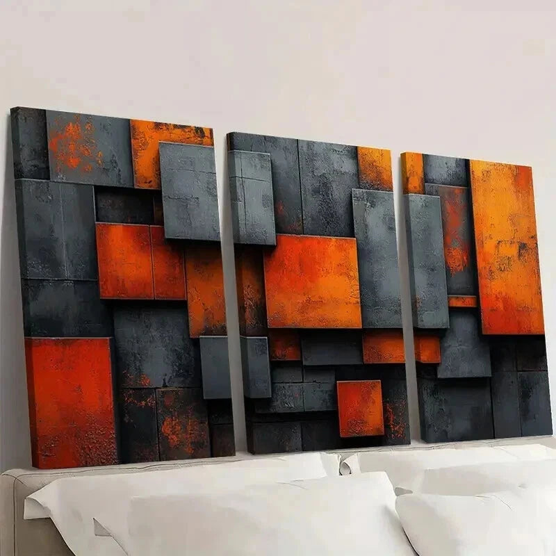 3pcs Orange Grey Black Geometric Industrial Wall Art Set Canvas Framed 40x60cm - High Quality Print 100% Australian Made Wall Canvas Ready to Hang - Bella Home Decor