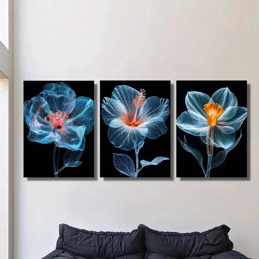 3pcs Translucent blue flowers poster Metal Print Ready to Hang Art