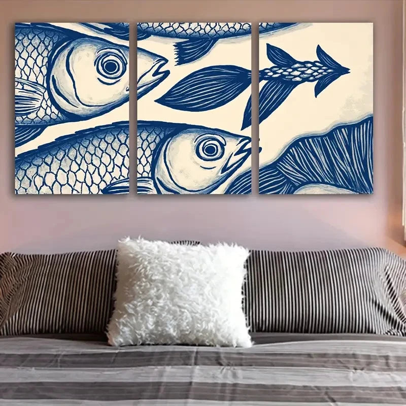 3pcs Blue and White Fish Navy Blue & Beige Tones Metal Print Ready to Hang Art - Bella Home Decor