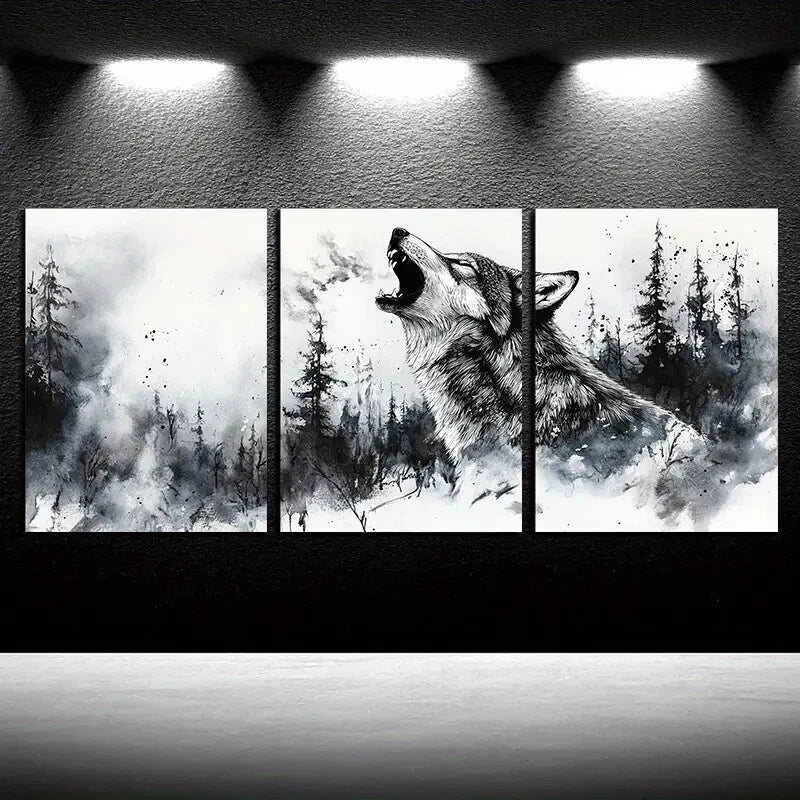 3pcs The Howling Wolves in the Forest Metal Print Ready to Hang Art - Bella Home Decor