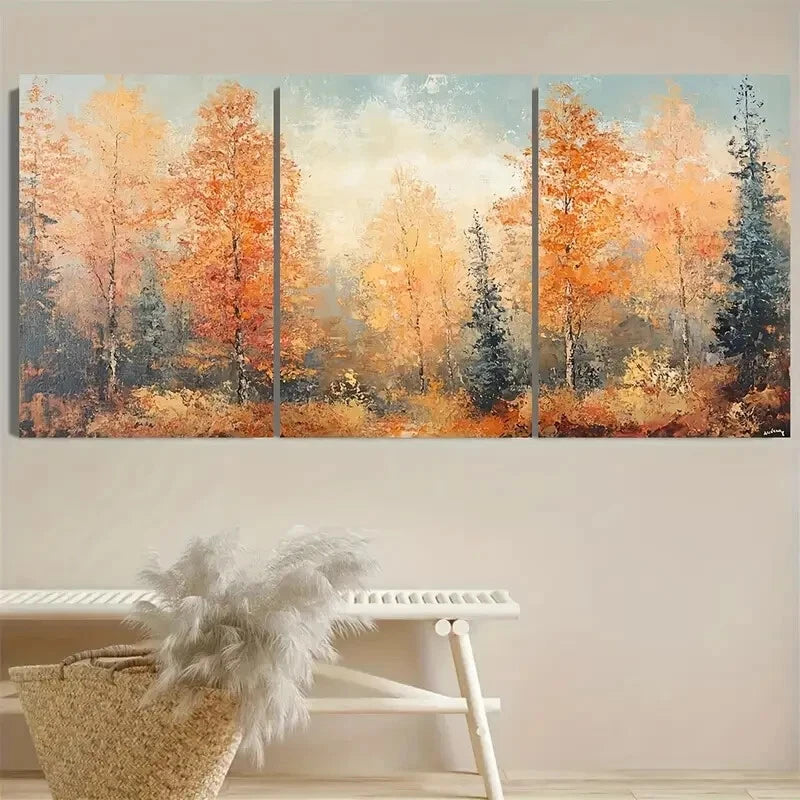 3pcs Vibrant Autumn Forest Foliage Design Metal Print Ready to Hang Art - Bella Home Decor