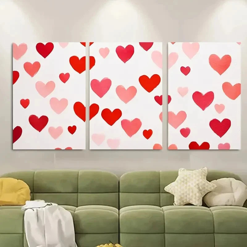 3pcs Romantic Red & Pink Hearts on White Metal Print Ready to Hang Art