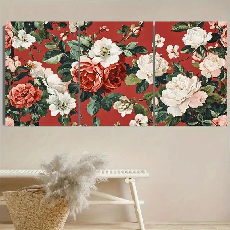 3pcs Elegant Pink & White Roses Design on Red Wall Art Set Canvas Framed 50x70cm - High Quality Print 100% Australian Made Wall Canvas Ready to Hang