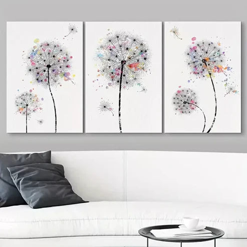 3pcs Dandelions & Watercolor Dots Floral Wilderness Drawings Wall Art Canvas Unframed - High Quality Print 100% Australian Made Wall Canvas - Bella Home Decor