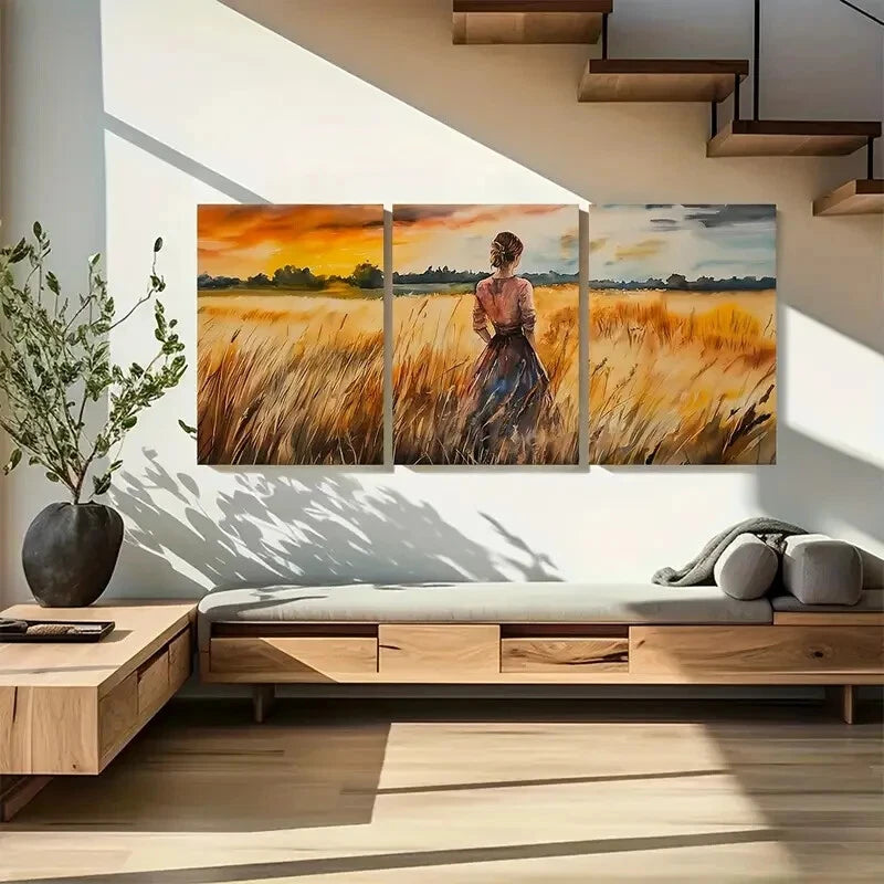 3pcs Dramatic Girl on  Wheat Field Metal Print Ready to Hang Art - Bella Home Decor